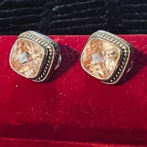 “David Yurman” Look CZ Cushion Cut Champagne Comfort Sterling Silver Earrings